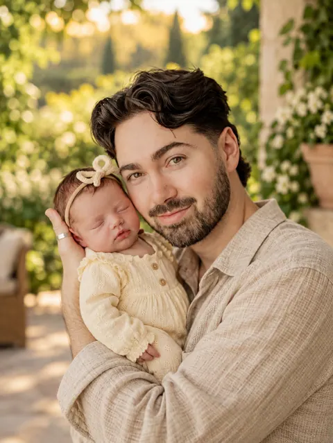 Father and newborn in a golden garden-2