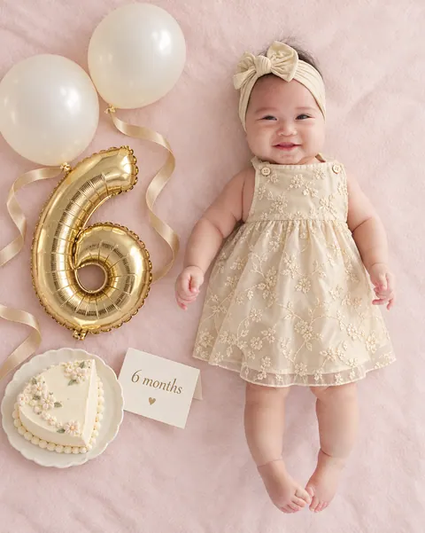 Champagne six-month birthday flat lay-10