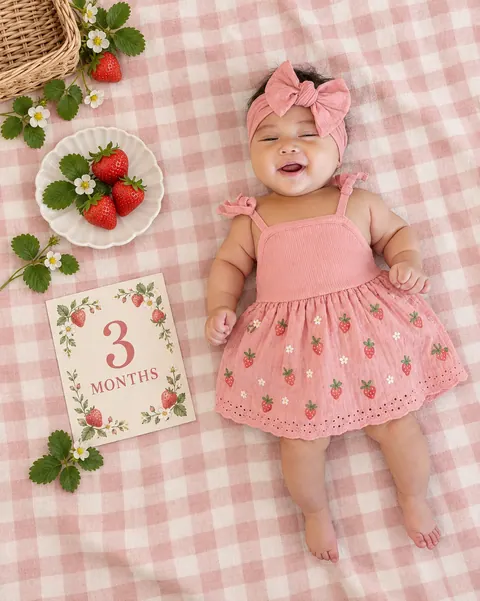 Three-month strawberry sweetheart flat lay-9