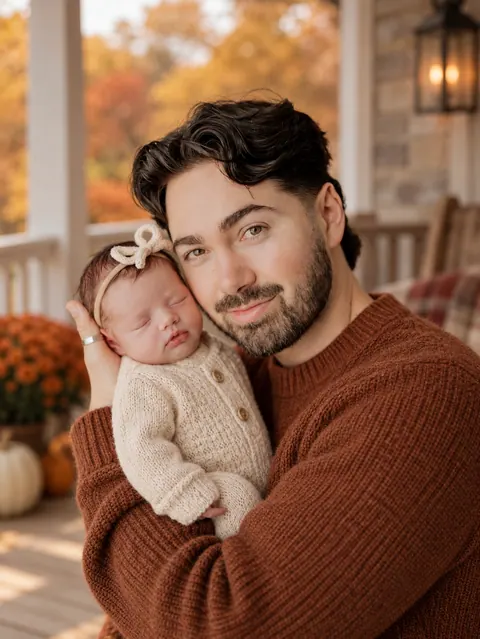 Autumn porch with father and newborn-7