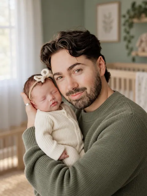 Father and sleeping newborn in sage nursery-4