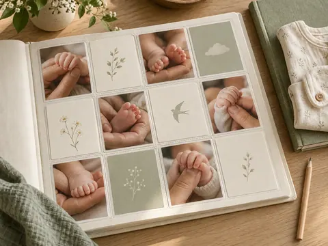 Cream and sage baby keepsakes arranged with a monthly photo album on a sunlit desk.