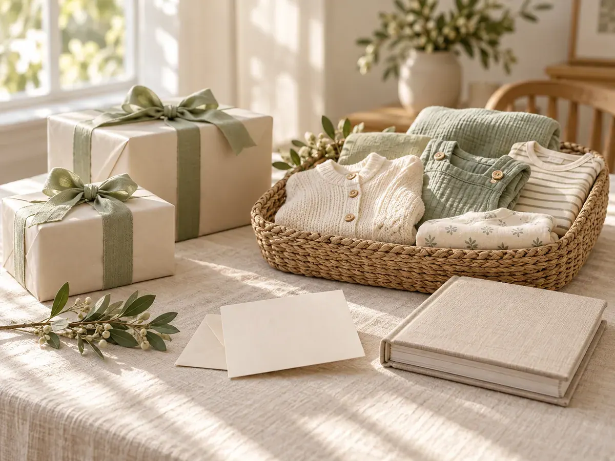 Modest cream-and-sage wrapped gifts, folded baby clothes, a photo album and a blank note card on a linen table.