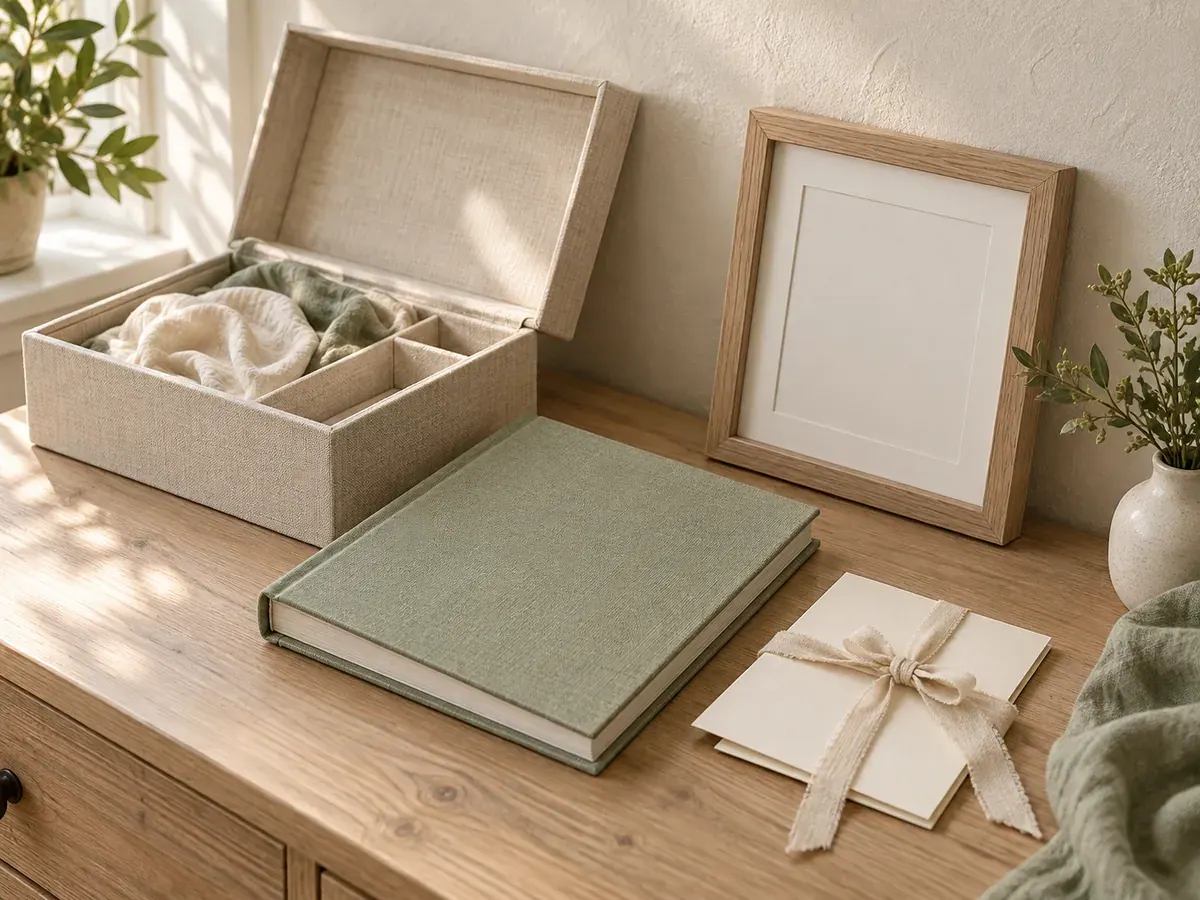 An open linen keepsake box with a sage memory book, blank note cards and a natural wood photo frame.