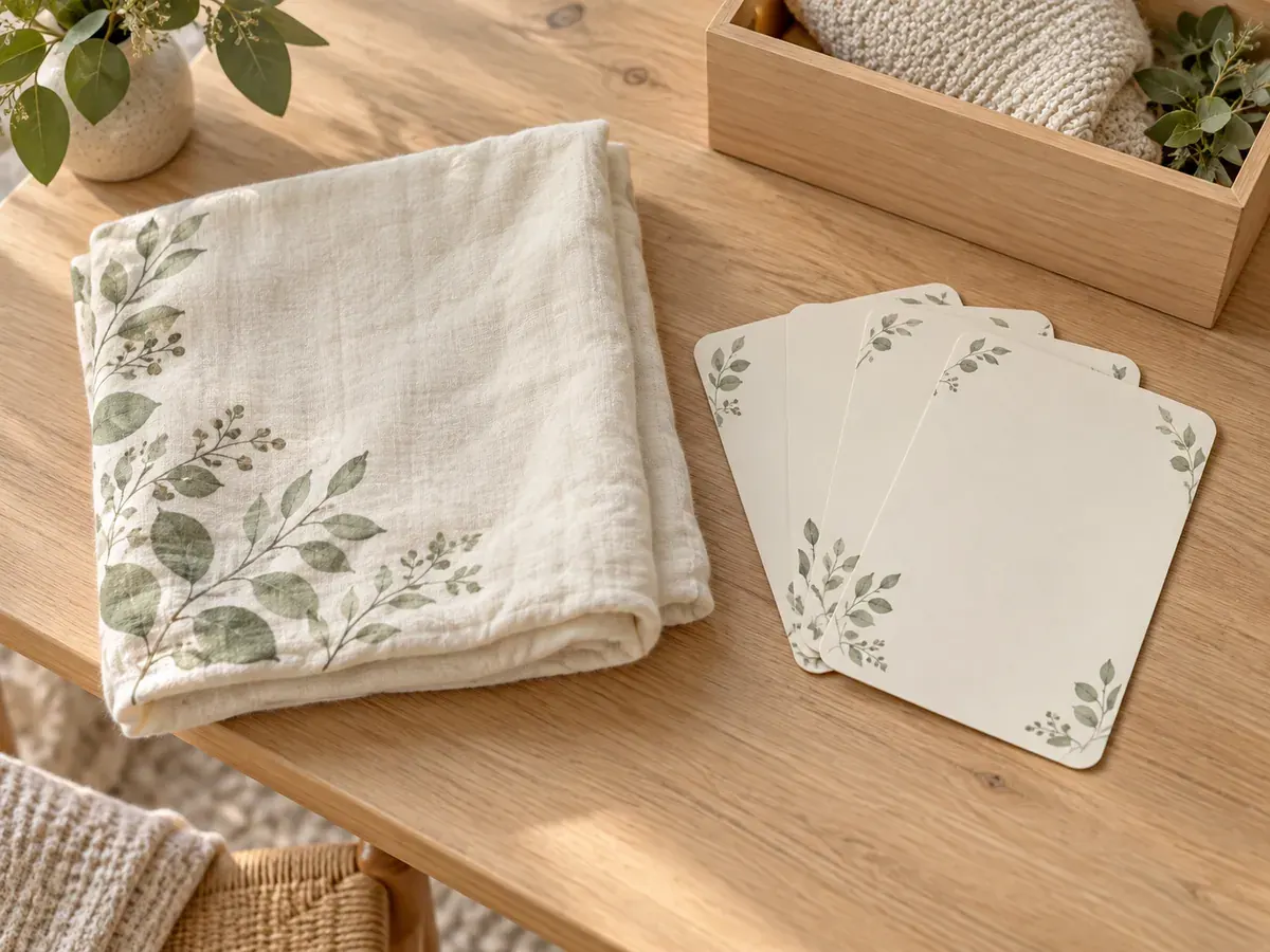 A folded cream photo blanket and a fan of blank sage-accented milestone cards on a pale wooden table.