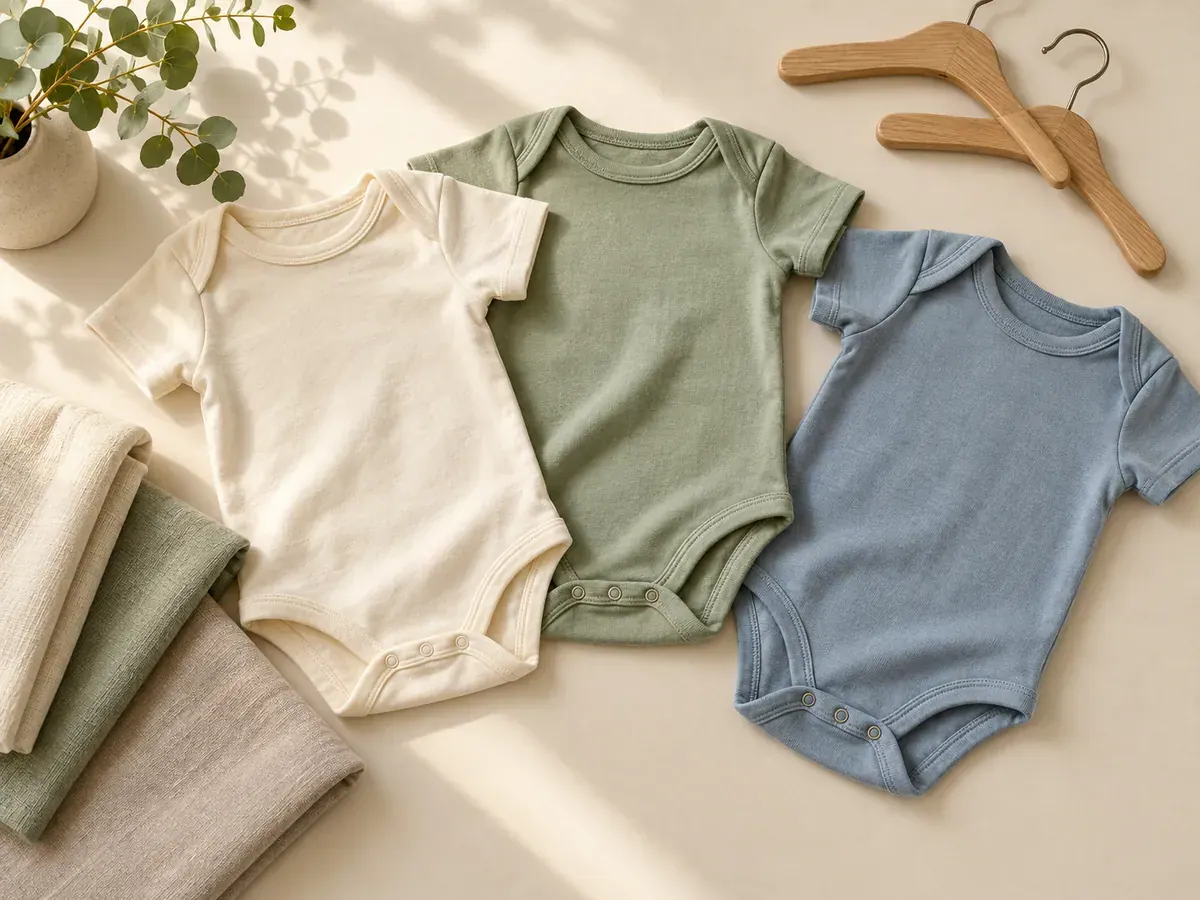 Cream, sage, and muted blue baby outfits arranged on a light wood surface with neutral fabric swatches.