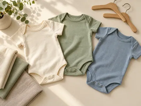 Cream, sage, and muted blue baby outfits arranged on a light wood surface with neutral fabric swatches.