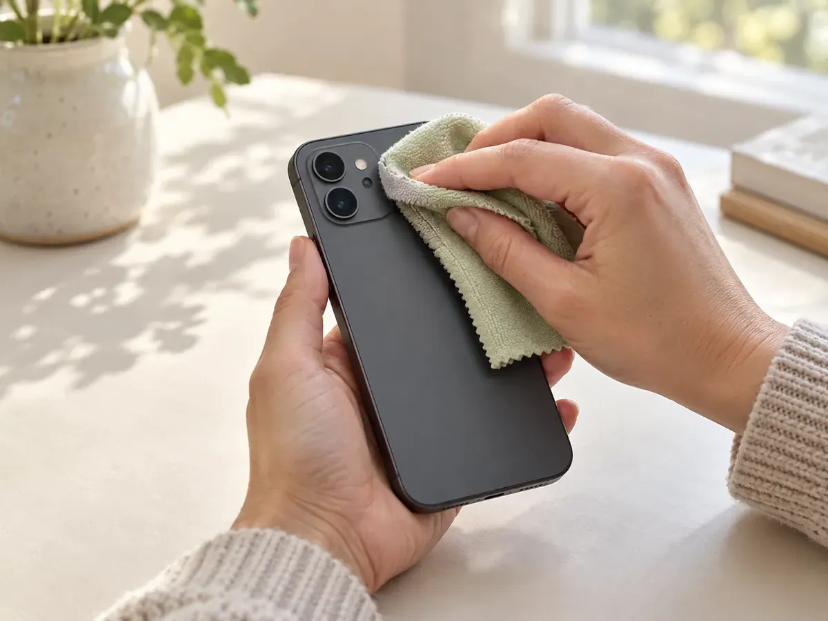 A hand gently cleans a generic smartphone camera lens with a microfibre cloth beside a softly lit window.