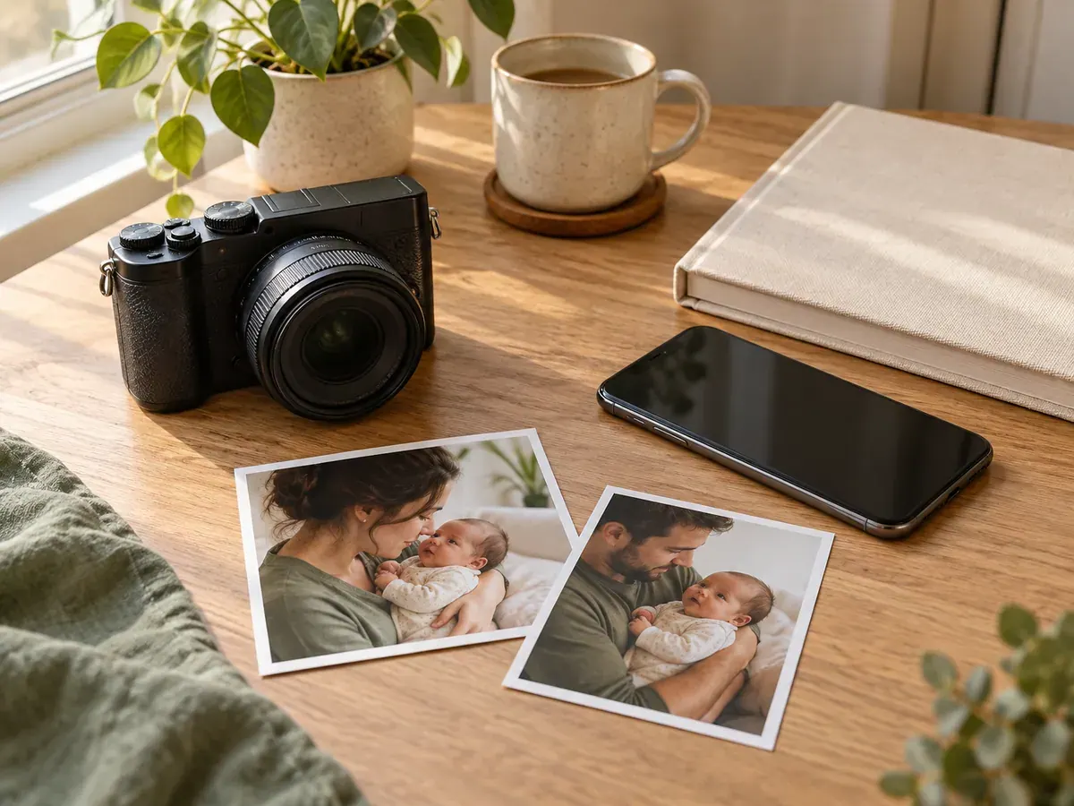 An unbranded camera, a smartphone, and simple family portrait prints arranged together on a warm cream desk.