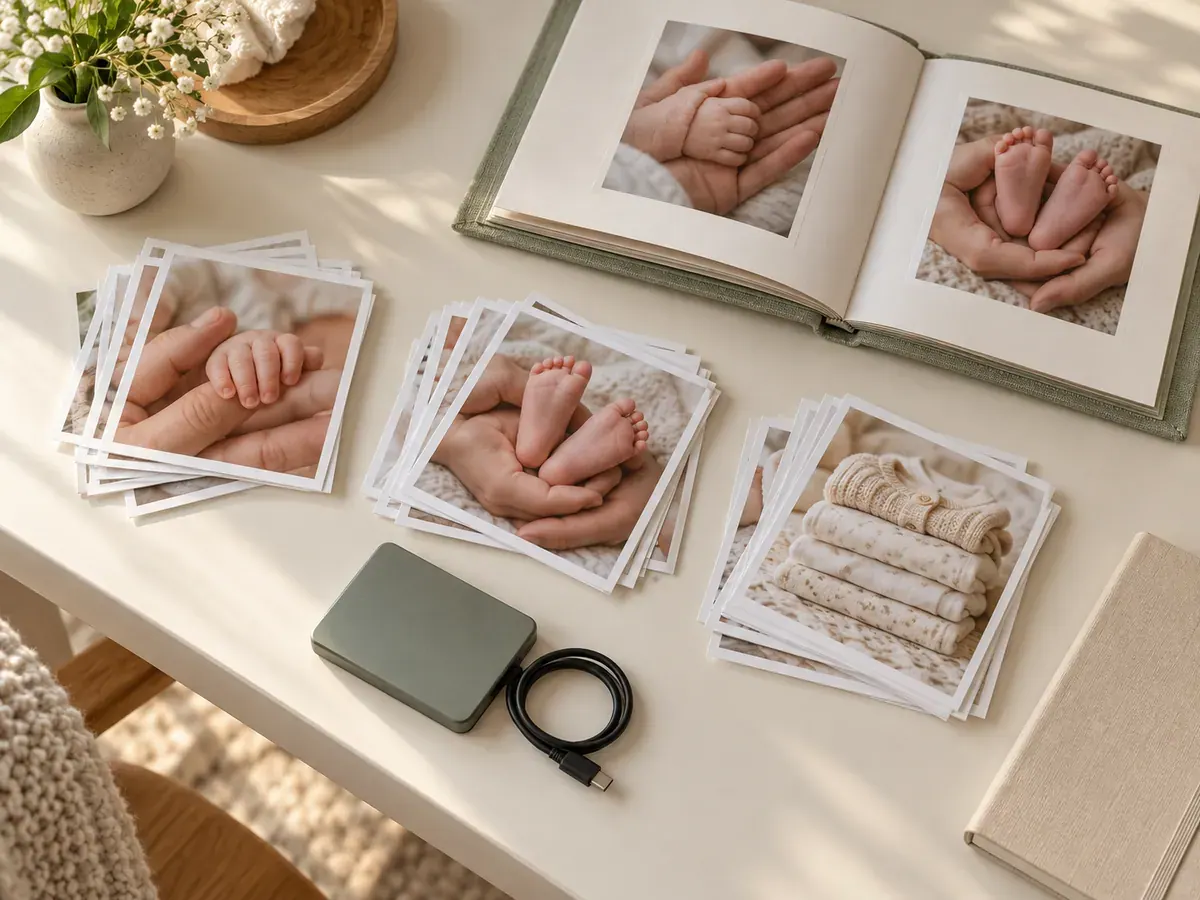 A cream desk with a baby photo album, organised paper photographs, and a small external storage drive.