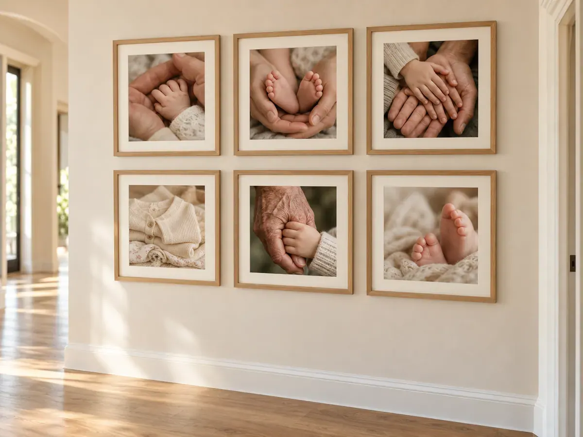 A small gallery of light wood frames on a cream hallway wall, away from any crib or play area.