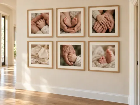 A small gallery of light wood frames on a cream hallway wall, away from any crib or play area.