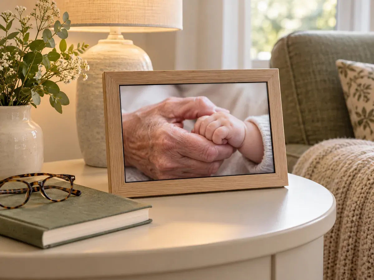 A generic digital frame displaying a close photograph of family hands on a grandparent’s cream side table.