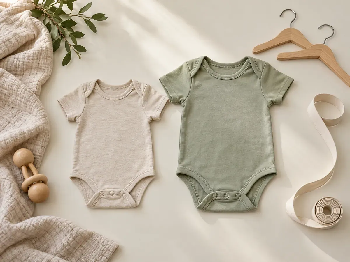 A smaller cream bodysuit and larger sage bodysuit lie side by side beside wooden hangers and a measuring tape.