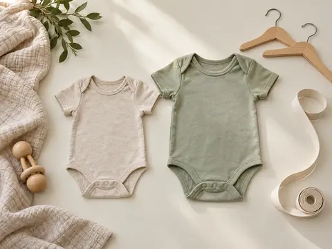 A smaller cream bodysuit and larger sage bodysuit lie side by side beside wooden hangers and a measuring tape.