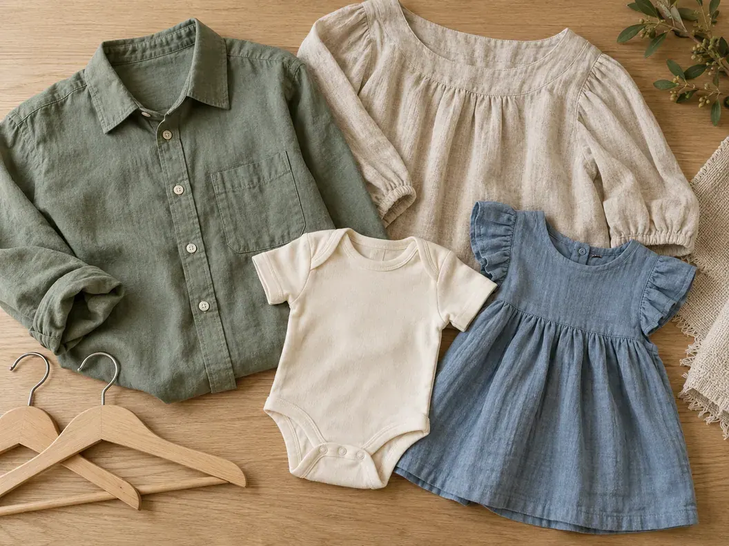Family outfits in cream, sage, and dusty blue arranged together for a relaxed home portrait.