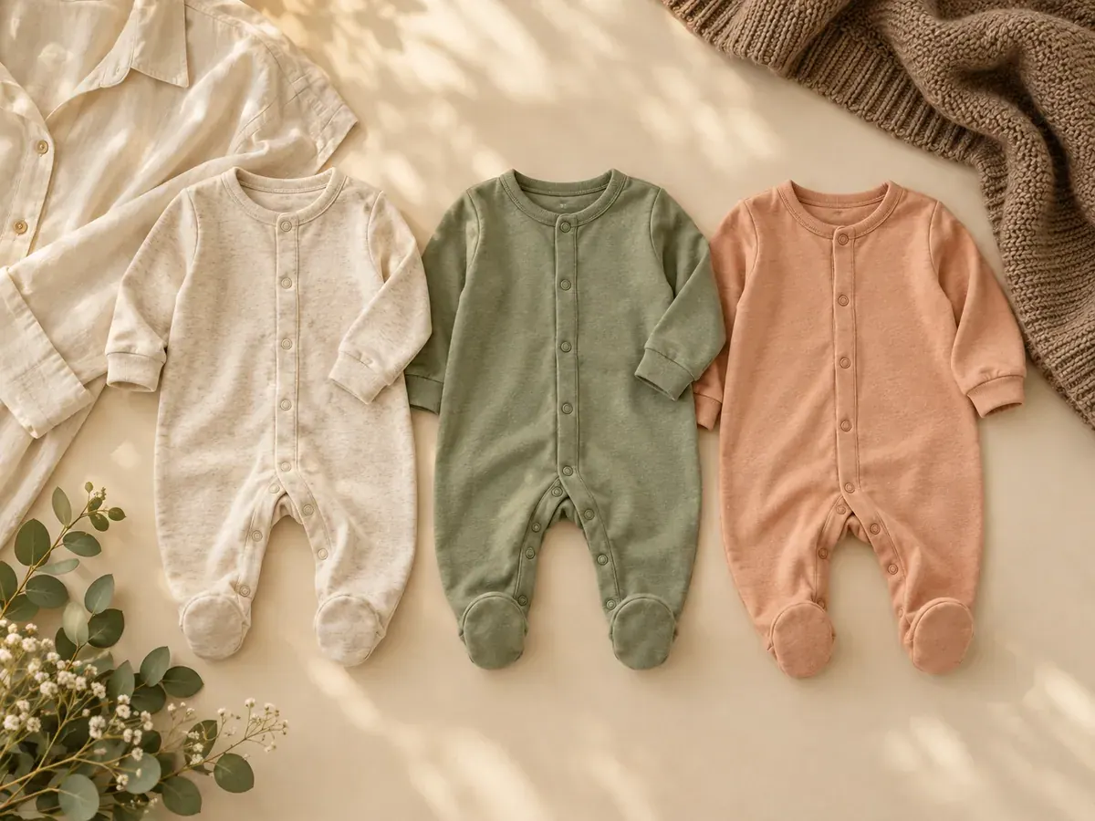 Simple cream, sage, and muted peach newborn clothes laid flat beside coordinated adult fabrics.