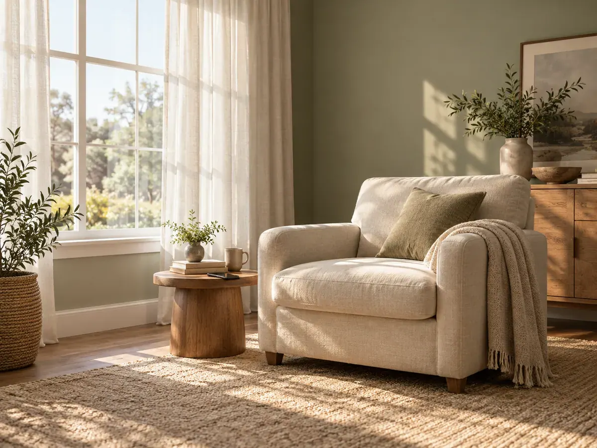 Gentle daylight falls across a cream chair and sage wall beside a large window, ready for a simple family photograph.