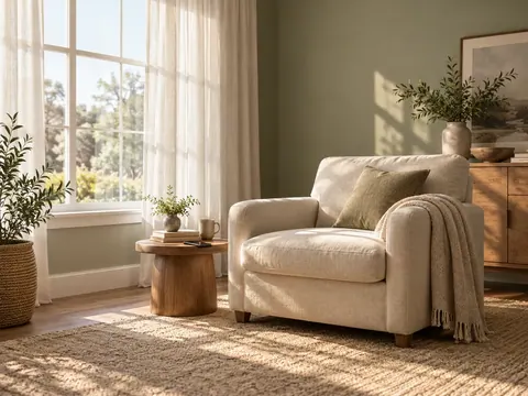 Gentle daylight falls across a cream chair and sage wall beside a large window, ready for a simple family photograph.