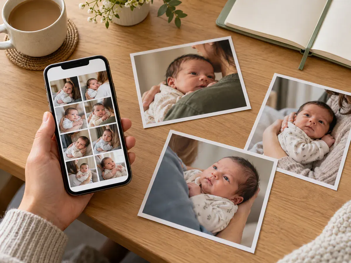 A parent reviews a small selection of newborn portraits on a phone beside neatly arranged family photo prints.