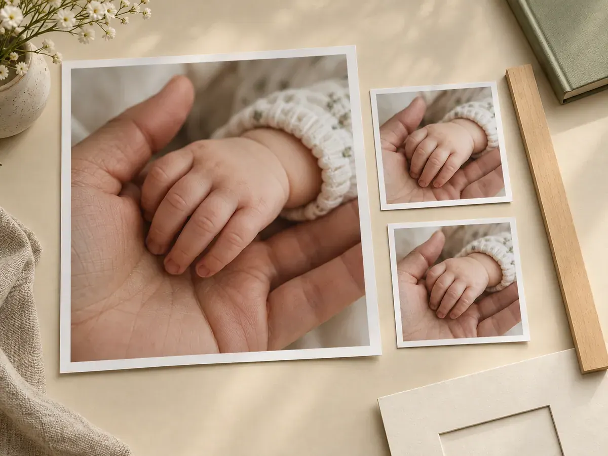 Baby hand-detail photographs printed at different sizes beside a wooden straightedge and a cream mat.