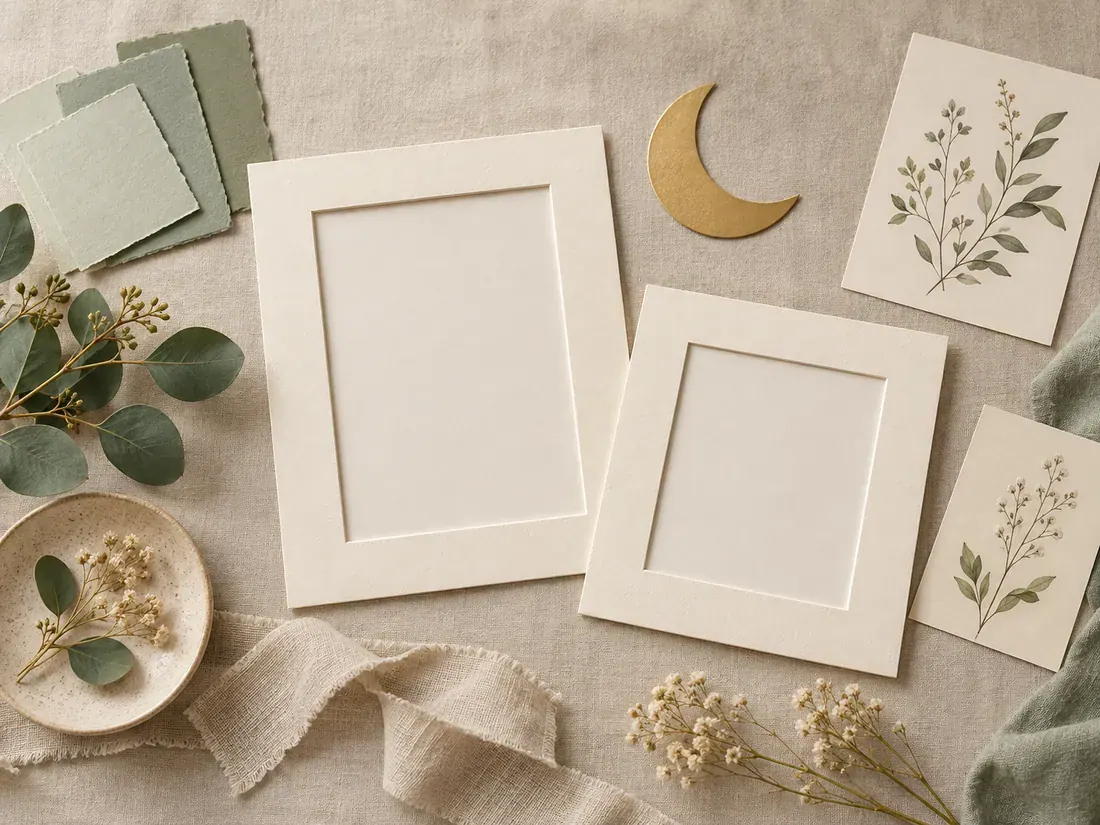 Cream, sage, and muted gold theme swatches with moon and botanical paper shapes arranged on a design desk.