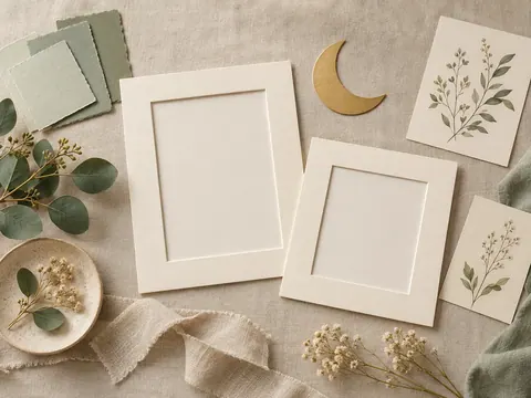 Cream, sage, and muted gold theme swatches with moon and botanical paper shapes arranged on a design desk.
