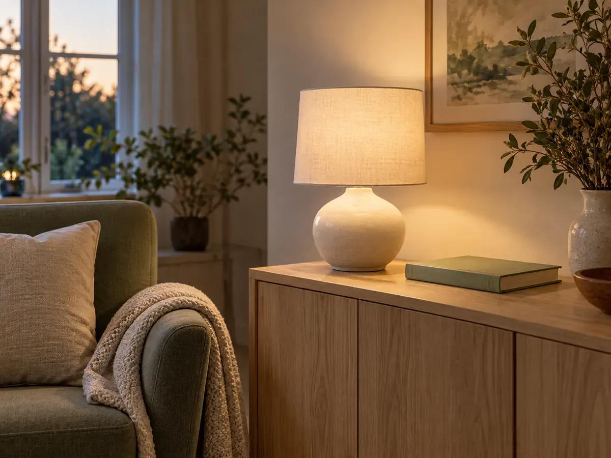 A cream shaded lamp illuminates a pale wood sideboard beside a sage chair and a closed book.