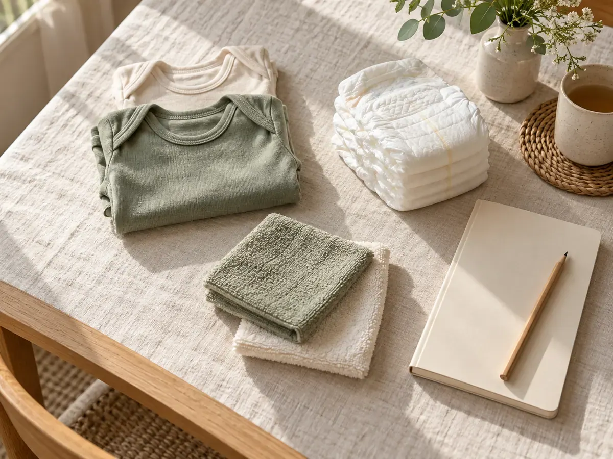 Folded sage and cream baby clothes, diapers, washcloths and a blank planning notebook on a linen table.