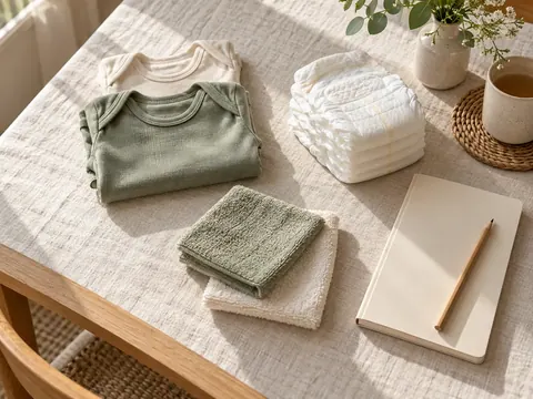 Folded sage and cream baby clothes, diapers, washcloths and a blank planning notebook on a linen table.