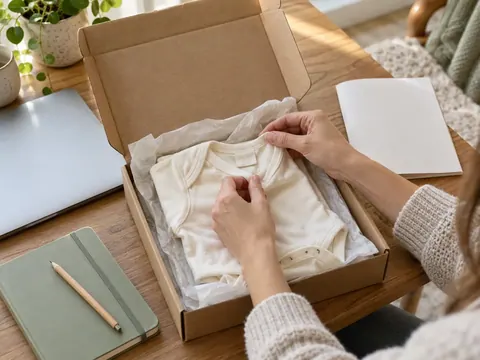 Adult hands inspect a cream baby bodysuit beside its open parcel, a blank booklet, a notebook and a closed laptop.
