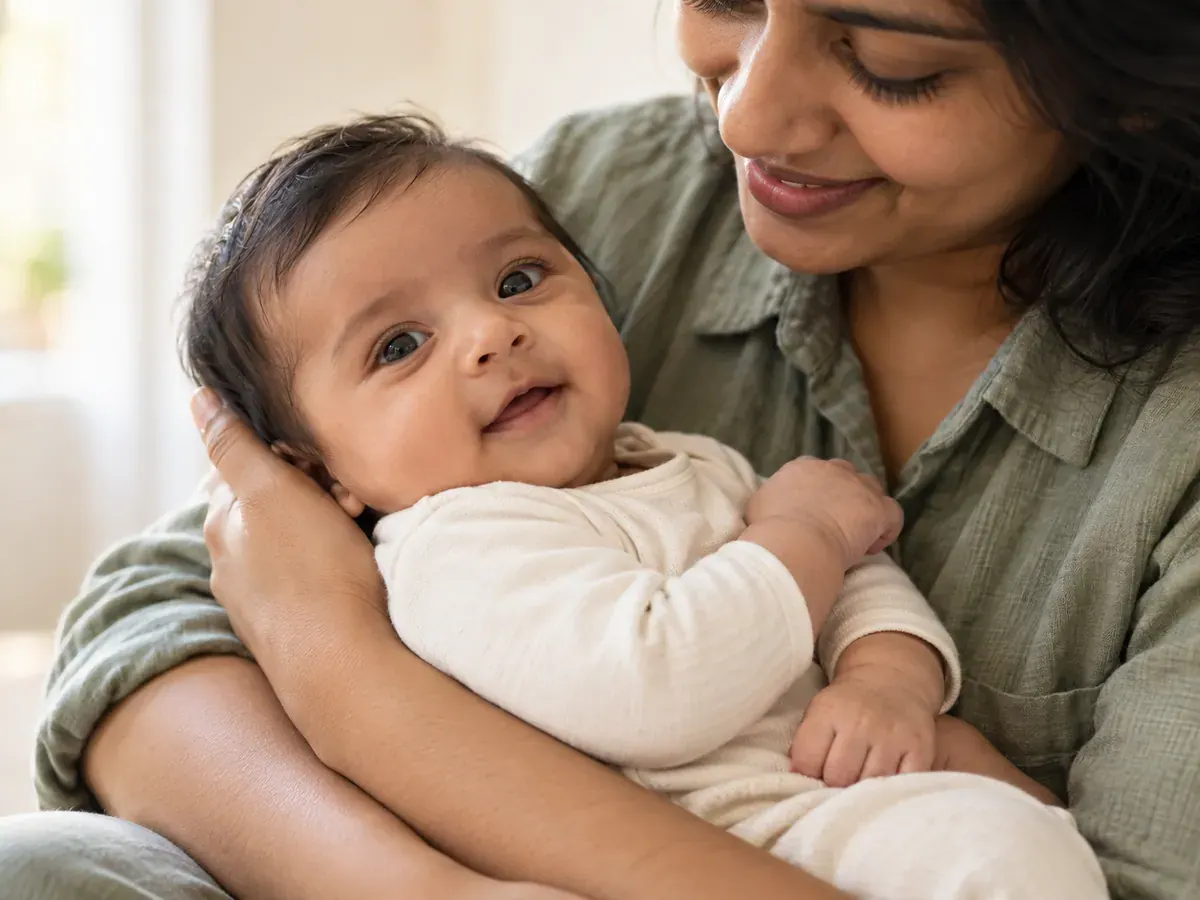 An awake infant in a cream outfit cradled with head and neck supported by a parent in sage.