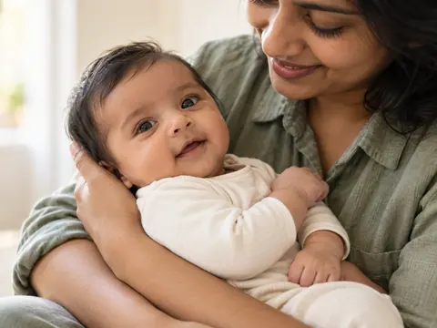 An awake infant in a cream outfit cradled with head and neck supported by a parent in sage.