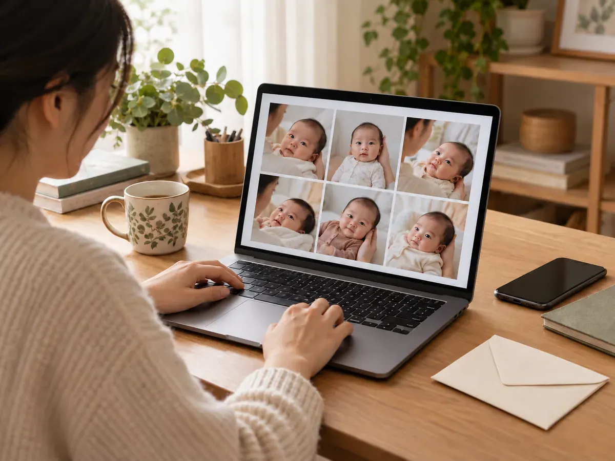 A parent reviews newborn photo files on a laptop beside a phone and a plain cream photo envelope.