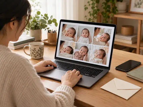 A parent reviews newborn photo files on a laptop beside a phone and a plain cream photo envelope.