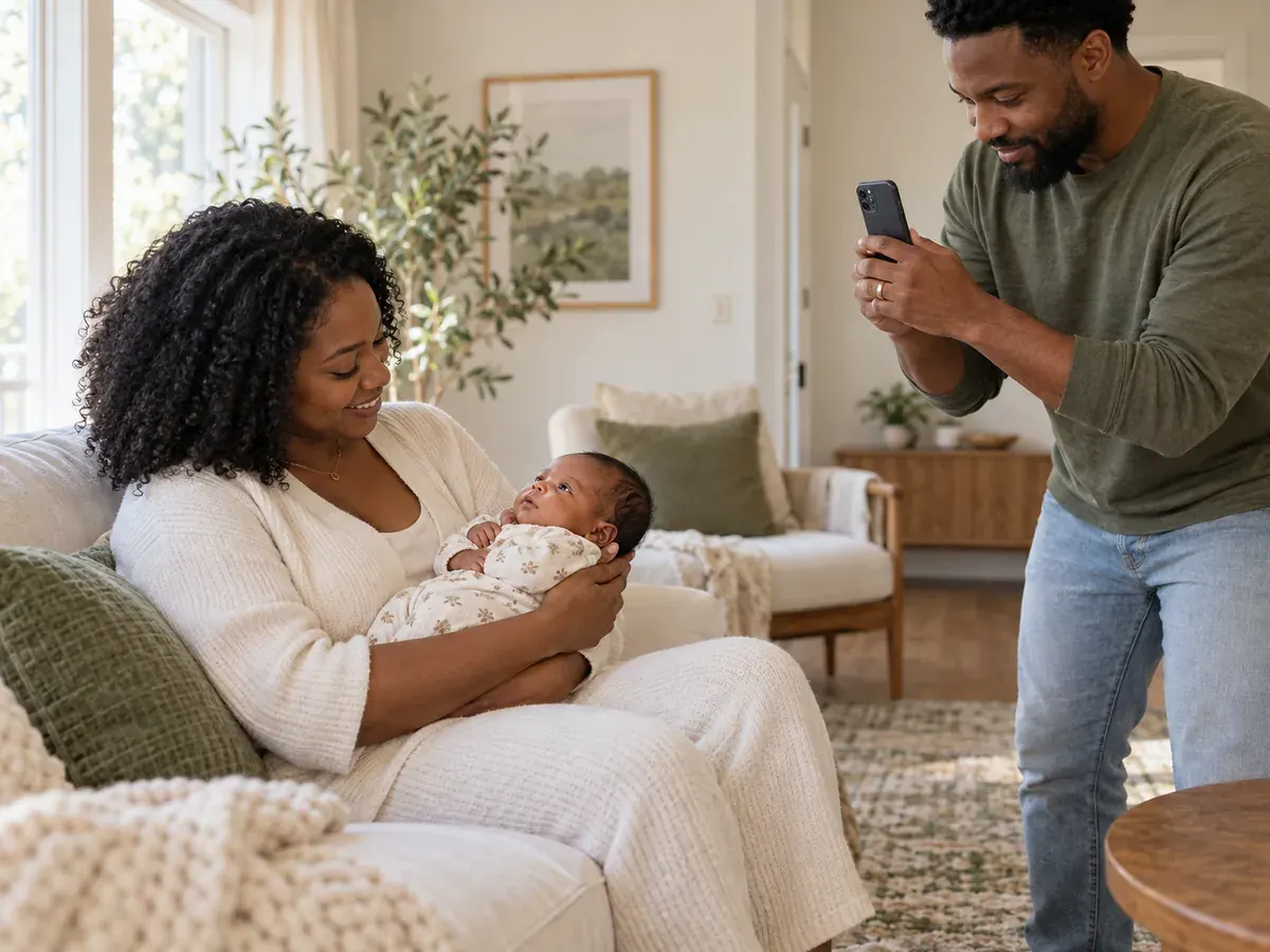 A parent photographs an awake newborn held securely by another caregiver beside a softly lit window.