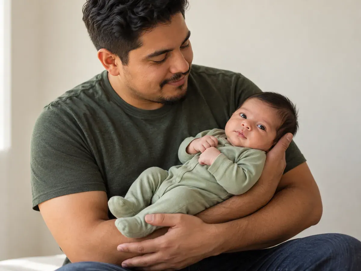 An alert caregiver holds an awake newborn with the head and neck clearly supported in a simple, uncluttered room.