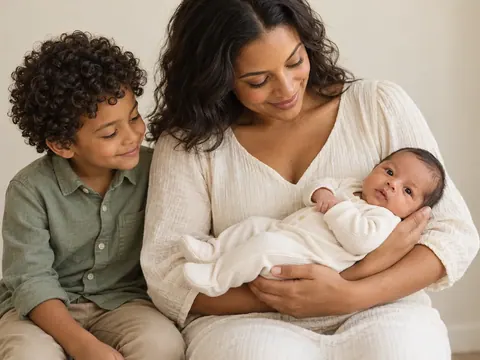An older sibling smiles beside a newborn cradled securely in an awake adult’s supporting arms.