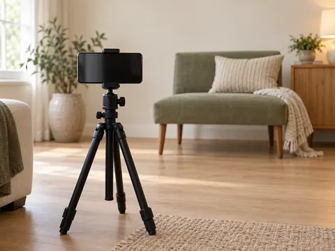 A smartphone secured on a tripod in a bright cream living room, ready for a family photograph.