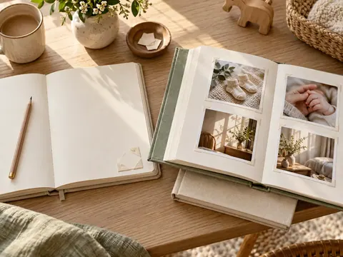 A blank journal and an open sage photo album with family-detail photographs lie on a pale wooden desk.