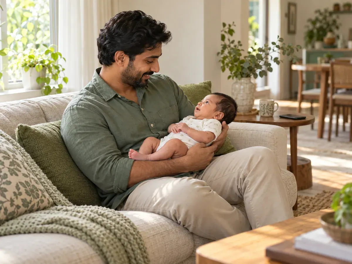 A relaxed caregiver holds an awake newborn in a quiet, softly lit room during an unhurried family moment.