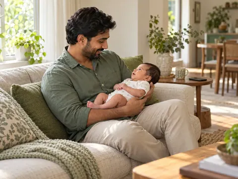 A relaxed caregiver holds an awake newborn in a quiet, softly lit room during an unhurried family moment.