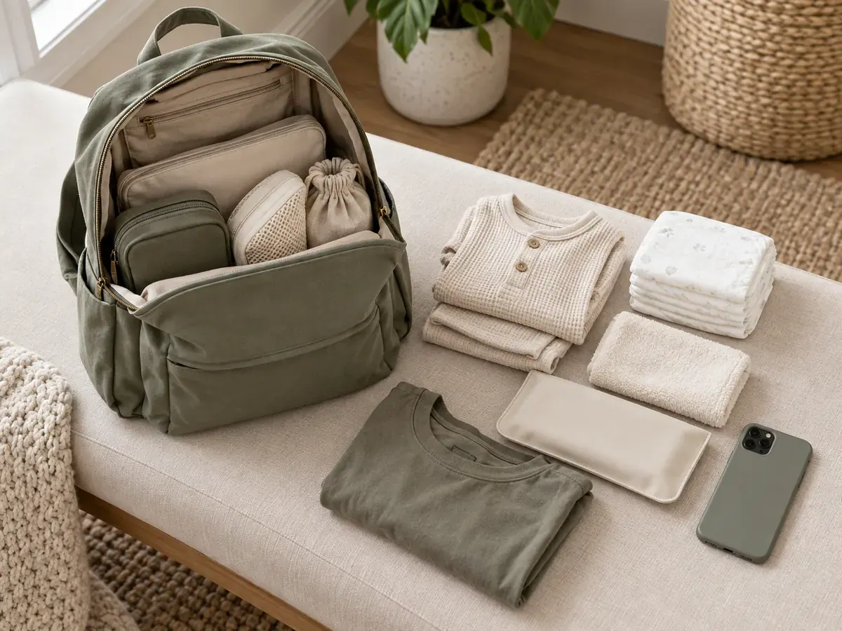 An open sage backpack with spare baby clothes, diapers, washcloths, a parent’s top and a phone on a cream bench.