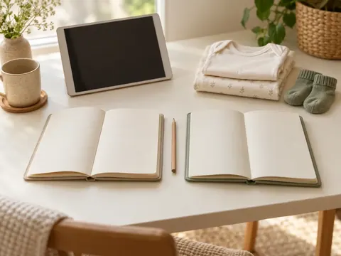 Two blank planning notebooks, a tablet with its screen off and folded baby clothes on a cream desk.