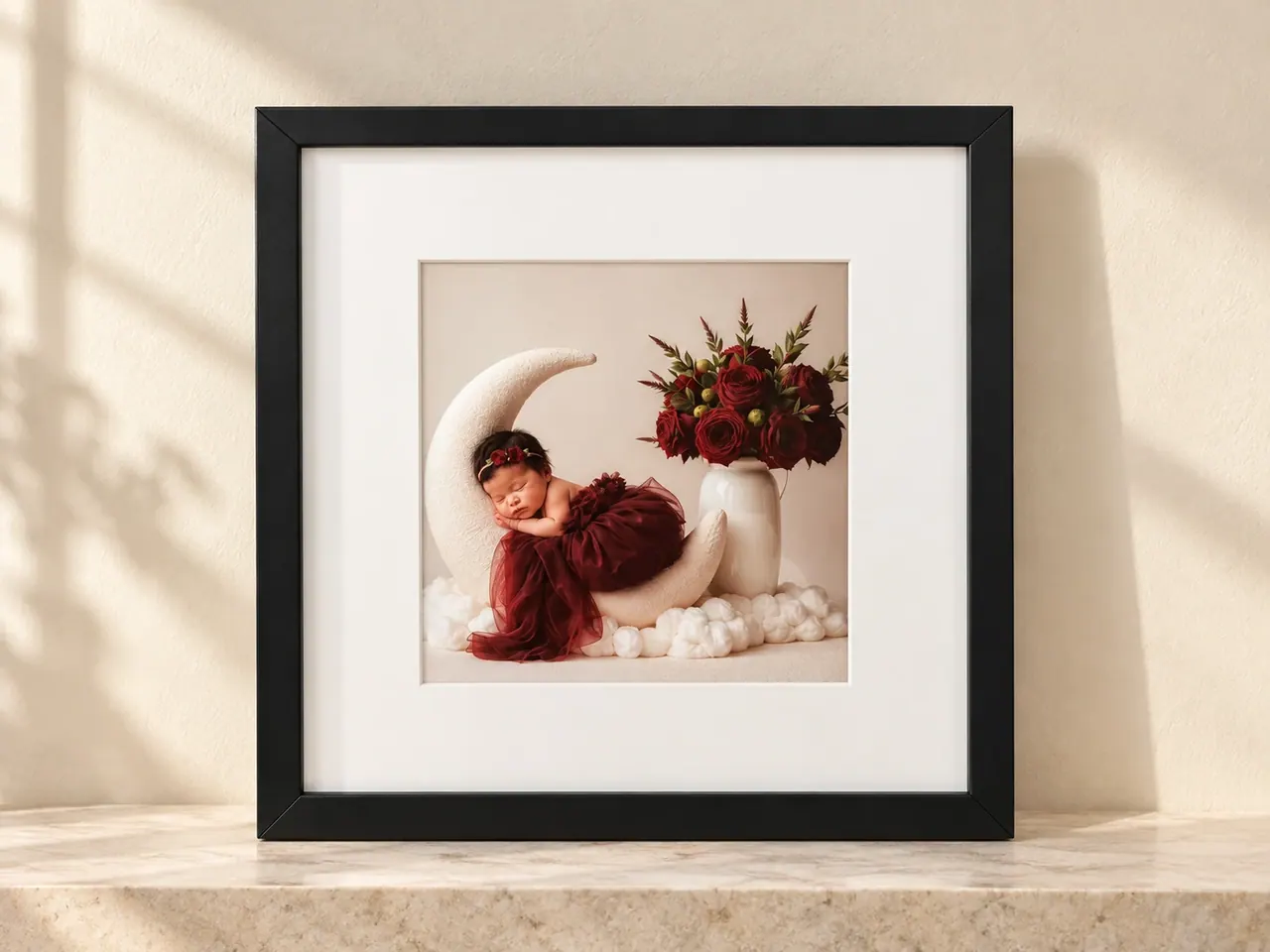 Black framed portrait of a sleeping newborn in burgundy on a crescent moon, displayed in soft daylight.