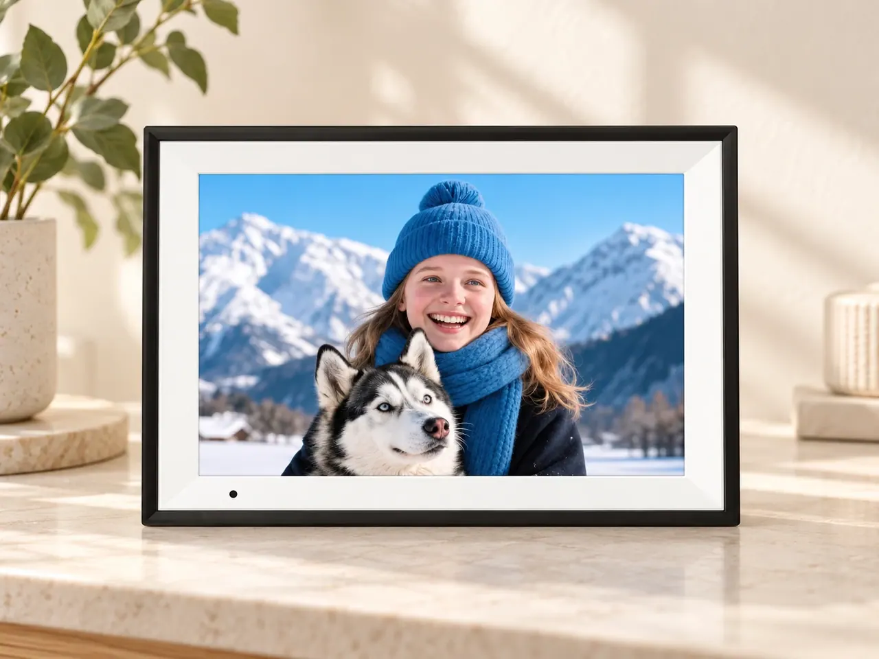 Digital photo frame showing a winter portrait of a woman in a blue hat holding a husky, with the photograph contained within the screen.