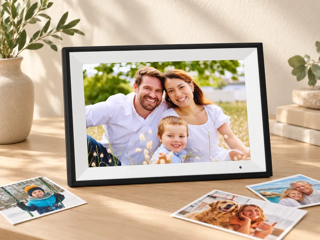 Digital frame displaying a family in a meadow, with a few small memory photos arranged around it on a light surface.