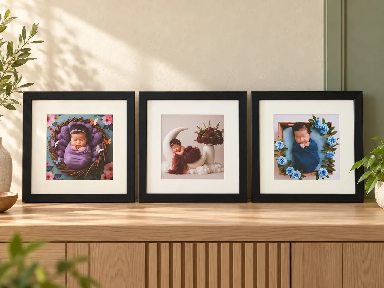 Three black framed newborn portraits displayed together on an oak console against a warm cream and sage wall.