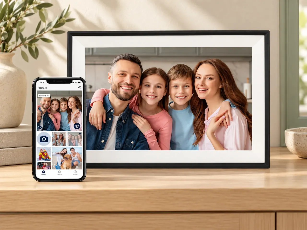 Black digital photo frame and smartphone displaying the same family portrait on a pale oak console.