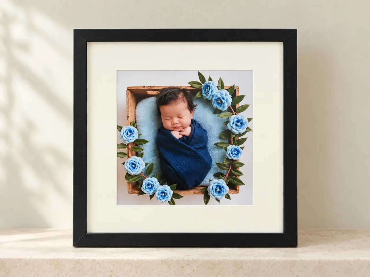 Black frame with an ivory mat around a blue floral newborn portrait, displayed on a pale stone ledge.